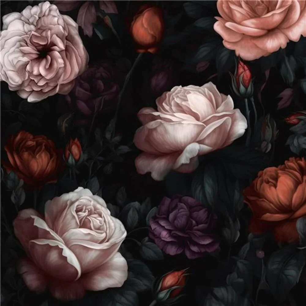 Dark Black Big Peony Floral Contact Paper Retro Wallpaper Peel